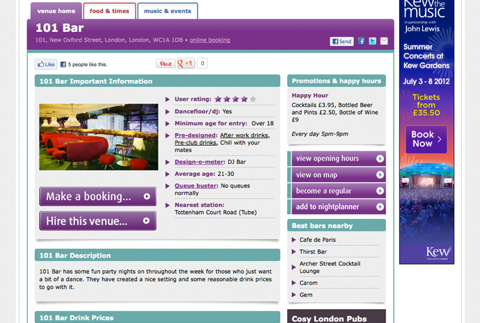 venue pages, screen grab one